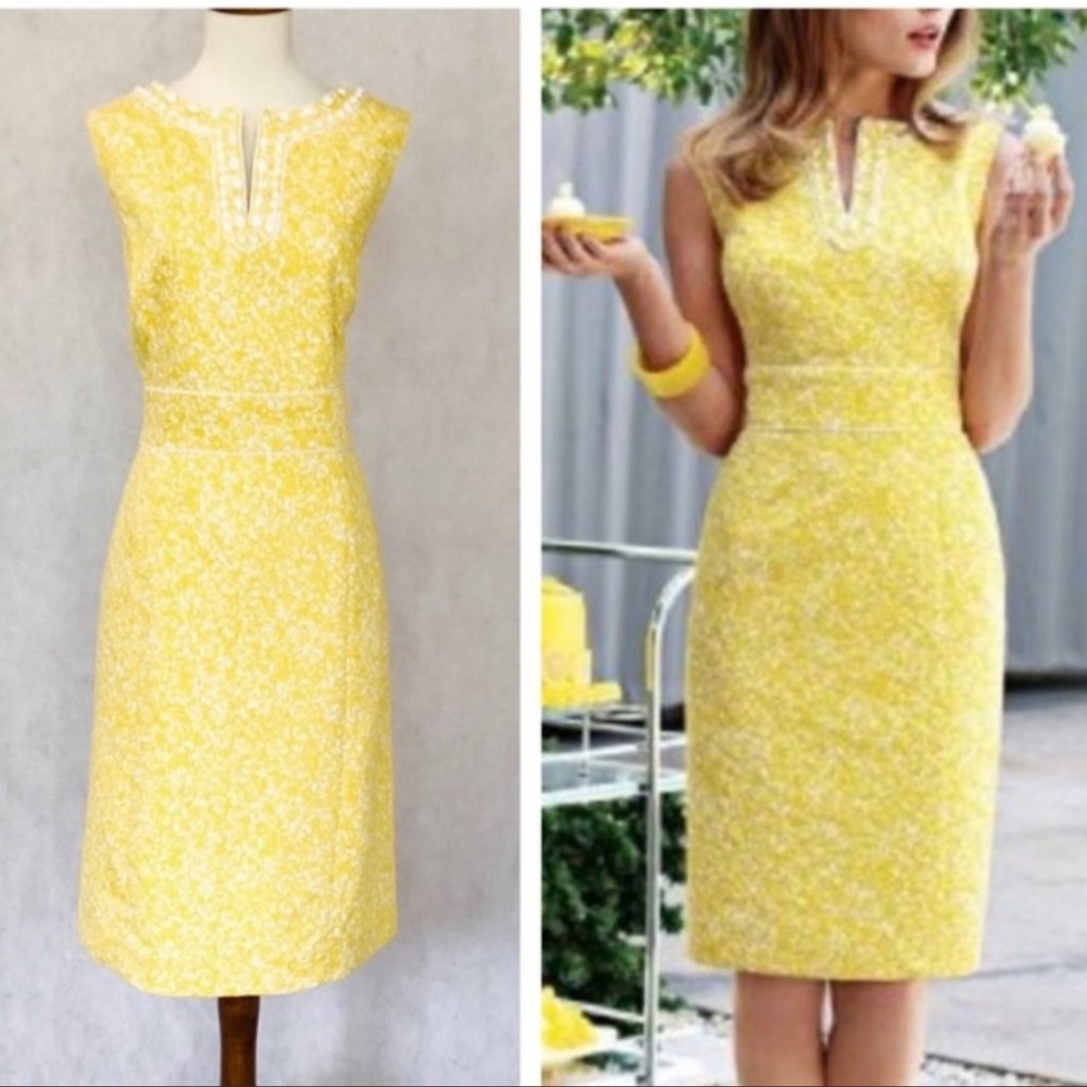 Tahari Arthur S. Levine Sunny Yellow & White Sheath Dress Beaded Necklin… - Picture 3 of 12